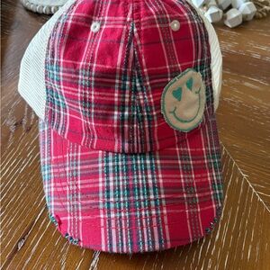 Red Plaid Trucker Hat with Smiley Patch